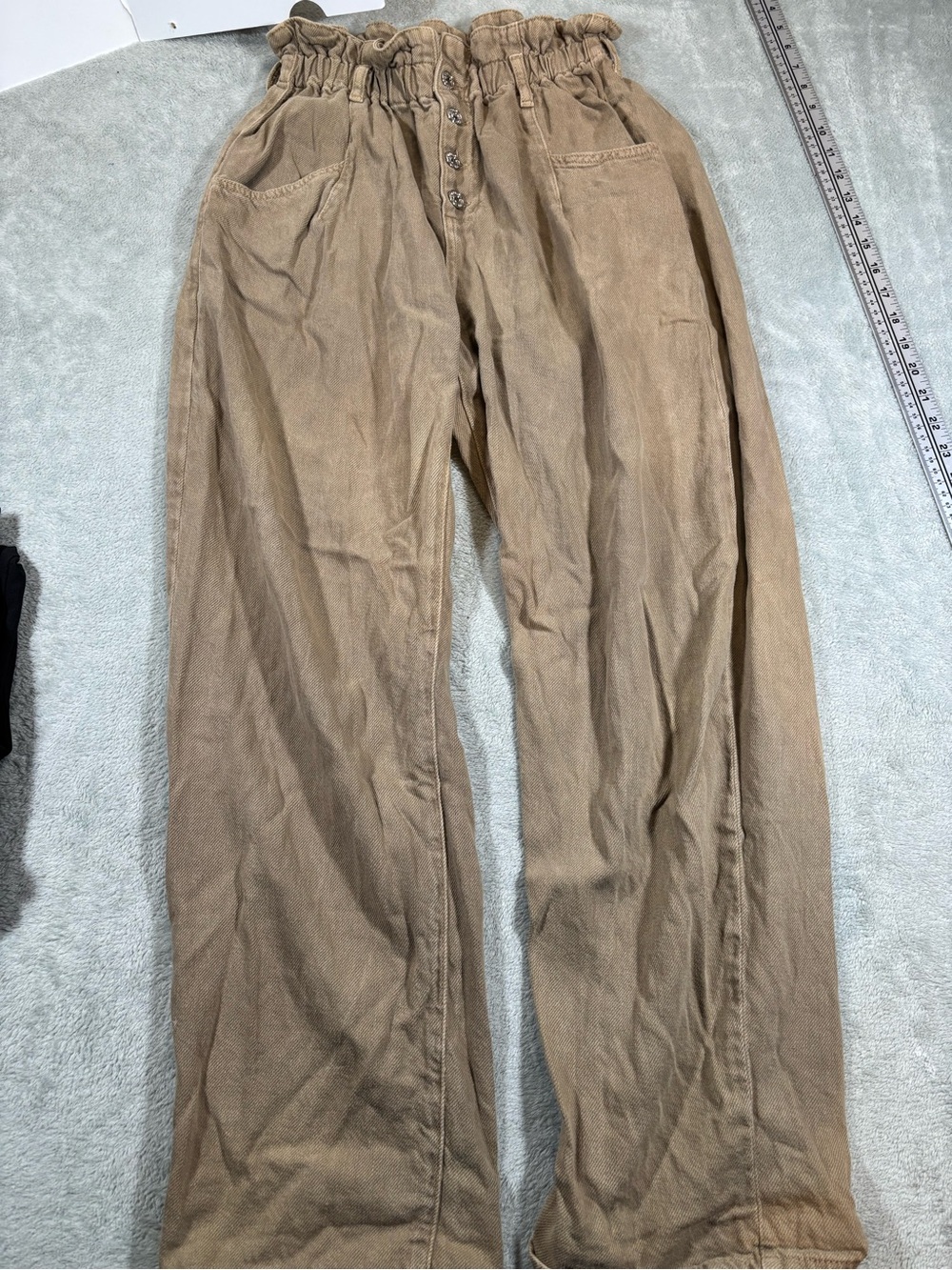 MNG Mango Beige 100% Cotton Paperbag Wide Leg Pants - Size M